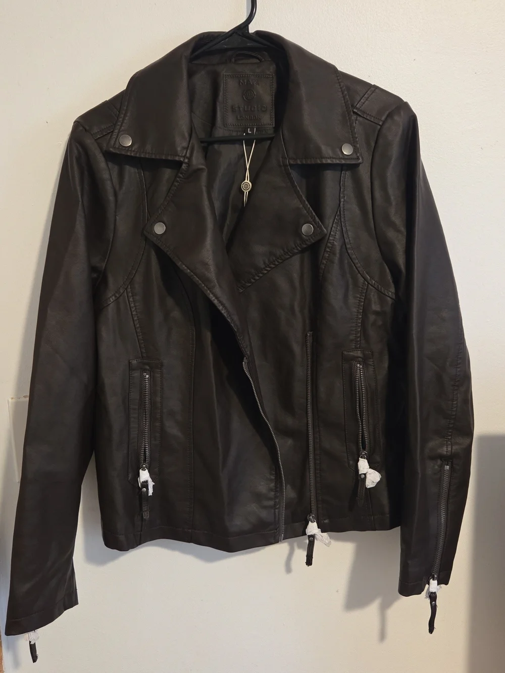NWT - Max Studio Chocolate Brown Faux Leather Moto Jacket with Zip Details